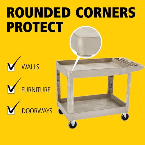 Rubbermaid Commercial Products Heavy Duty 2-Shelf Utility/Service Cart, Medium, Lipped Shelves, Storage Handle, 500 lbs. Capacity, Beige, for Warehouse/Garage/Cleaning/Maintenance