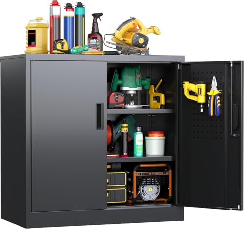 JAORD Metal Storage Cabinet with 2 Lockable Doors and 2 Adjustable Shelves, Locking Garage Storage Cabinet with Pegboard, Small Metal Cabinet with Lock for Garage, Home, Black, Assembly Required