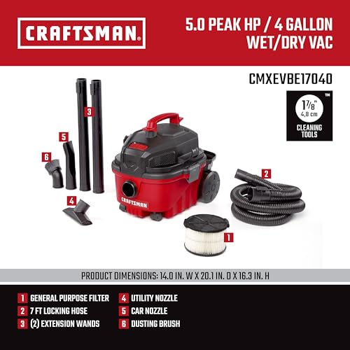 CRAFTSMAN CMXEVBE17040 4 Gallon 5.0 Peak HP Wet Dry Vac, Portable Shop Vacuum Wet and Dry with Filter, Hose and Attachments for Home and Automotive Cleaning