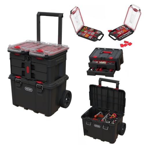 Stack N’ Roll 4-Piece Rolling Tool Storage System – Includes Large Rolling Tool Box, 2-Drawer Tool Box & 2 Tray Organizers | Modular Stackable Tool Storage with Wheels for Garage & Workshop