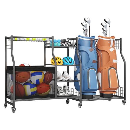 Ultrawall Sports Equipment Organizer with Wheels, Golf Bag Stand for Garage, Ball Storage Rack, Golf Bag Holder, Kids Toy Storage for Indoor/Outdoor
