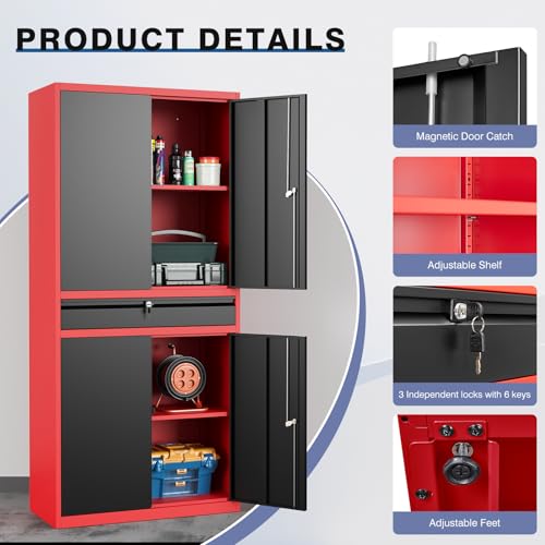 LISSIMO Metal Garage Storage Cabinet with Locking Doors and Drawer, 71" Steel Tool Storage Cabinet with Adjustable Shelves for Garage,Office,Warehouse (Red Black)