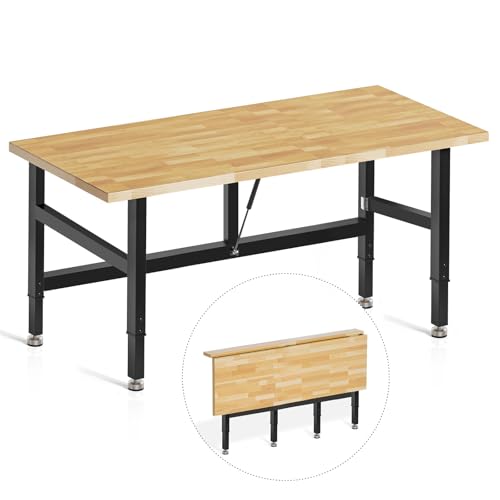 MUWOOD 48”Folding Workbench, 2000 LBS Capacity Heavy Duty Workbench, Height Adjustable Foldable Work Table, Rubberwood Collapsible Desk for Workshop, Garage, Office, Home