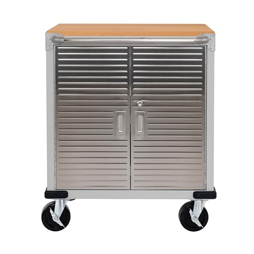 Seville Classics UltraHD Heavy Duty Rolling Cabinet Workbench Table w/Solid Wood Top, Workstation for Garage, Office, Workshop, Granite, 2-Door (28" W x 18" D)