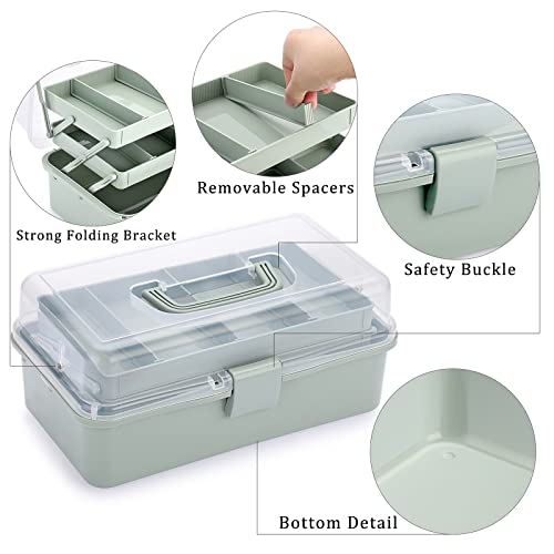 BTSKY 3-Layer Plastic Dividing Storage Box Craft Organizer and Storage with Adjustable Spacers Portable Handled Art Supply Organizer Multipurpose Home Utility Box for Medicine Sewing(Haze Green)