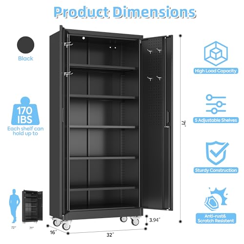 Aobabo Upgraded Garage Storage Cabinets with Wheels,Metal Storage Cabinets with 5 Adjustable Shelves for Garage Home Office Storage, Black,71''H*34''W*18''D,Assembly Required