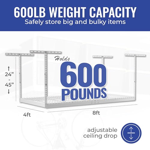 SafeRacks 4 ft x 8 ft Overhead Storage Rack Adjustable 24 in - 45in Height (White) With Accessory Pack With 5-Piece Hook Accessory Pack