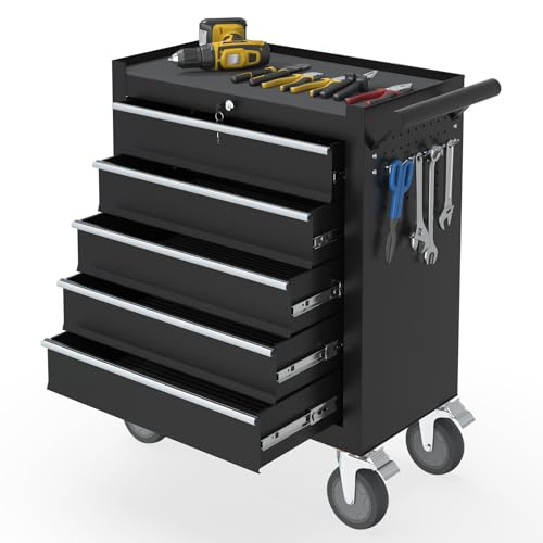 Kieperi 5 Drawers Rolling Tool Chest with Wheels, Portable Rolling Tool Boxes with Wheels, Tool Box Storage Cabinet with Locking System for Garage (Black, 5 Drawers)
