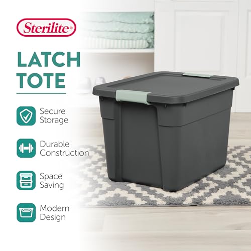 Sterilite 6-Pack Latch Tote, Stackable Plastic Storage Container Bins with Lids, 12 Gallon, Gray/Green - Latching Boxes for Bedroom, Bathroom, Garage, and Office Organization