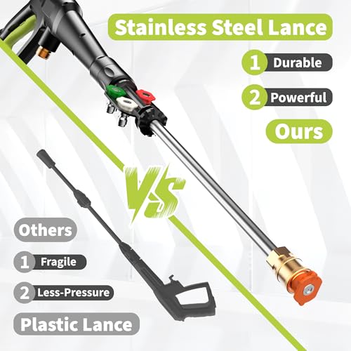 Yeryork Pressure Washer, 3000 PSI Power Washer with 4 Lockable Wheels, Stainless Steel Lance, 4 Quick Connect Nozzles, 500ml Foam Cannon for Car/Decks/Driveways/Patios (Fluorescent Green)