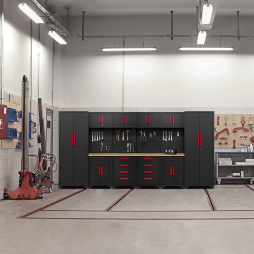 HPDMC Garage Storage Cabinet System - 2 * 6-Pcs Workshop Set with Steel Cabinet Drawers, Tool Chest, Workbench, Pegboard for Tool Organization