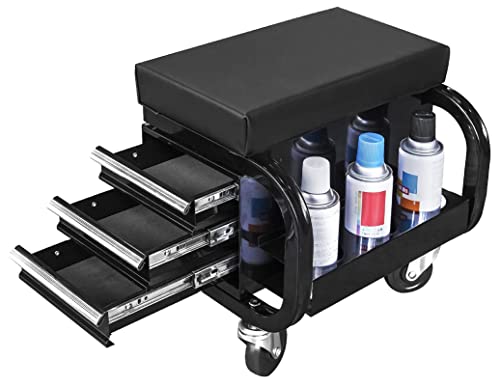 Big RED Rolling Creeper Garage/Shop Seat with Three Built-in Drawers, Rolling Tool Chest,Black,APD2016AR