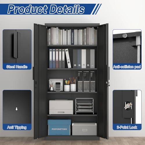 FATIGOS 72''H Tall Metal Garage Storage Cabinet with Lock, 18'' Deep Metal Storage Cabinets with Doors and 4 Adjustable Shelves, Heavy Duty Steel Locker for Laundry Room, Warehouse, Home Office, Black