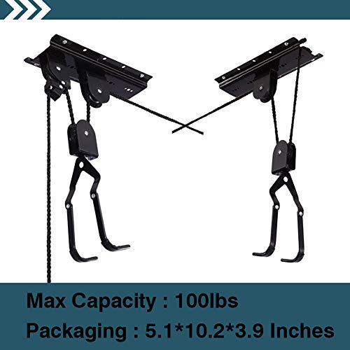 Ihomepark Bike Hoist for Garage Ceiling Storage, Heavy Duty Bicycle Lift Mountain Bicycle Hanging Rack with 3 Pulley and 45 ft Adjustable Rope | 100 lb Capacity
