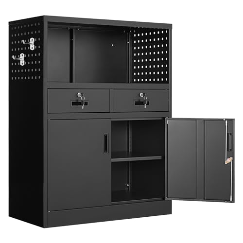 Yizosh Metal Storage Cabinet with 2 Drawers and Locking Doors,- 41.3" Steel Lockable Storage Cabinet with Shelves for Home Office,Garage,School (Black)