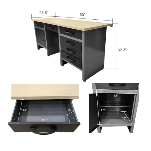 JZD Metal Workshop Durable Cabinet Combo Set, Wooden Top Workbench Set Garage Storage Organizer System