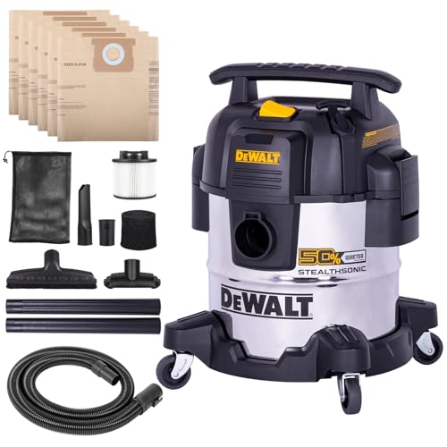 DEWALT 5 Gal Stealthsonic Shop Vacuum Wet and Dry, Ultra-Quiet Stainless Steel Shop Vac, 4 HP Heavy-Duty Vacuum Cleaner with Complete Accessory Kit and 6 Dust Bages for Home, Workshop, Garage, Car