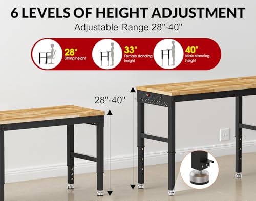 MUWOOD 72”Heavy Duty Work Bench, 2-Layer Adjustable Workbench, 5000 LBS Capacity Work Bench with Power Outlet & Pegboard, Rubber Wood Work Table for Garage, Workshop, Office, Home