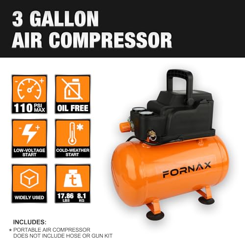 FORNAX 3 Gallon Portable Air Compressor, 110 PSI Hot Dog Air Compressor, Oil Free