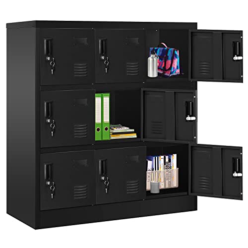 Greenvelly 9 Door Storage Locker for Employee, Metal Locker for Office, Gym, Shool, Lockable Black Steel Locker with Lock and Card Slot for Home,Garage