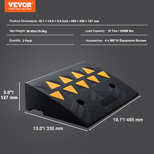 VEVOR Rubber Curb Ramp 5" Rise Height 2 Pack, Heavy-Duty 33069 lbs/15 T Capacity Threshold Ramps, Rubber Driveway Ramps for Cars, Carts, Dollies, Motorcycle, Bikes, Wheelchairs