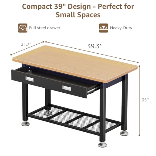 IGERI 39" Heavy Duty Work Bench With Drawer and Storage for Garage, Small Wood Top and Metal Workbench for Crafts 3d Printer Work Table Tool Chest Workbenches Crafting Table Working Station Shop Bench