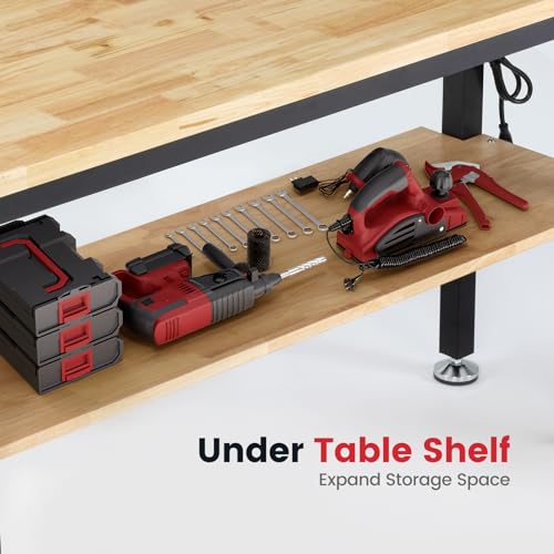 ENJOYWOOD Work Table for Garage 60 Inch Workbench with Storage Adjustable Height Rubber Wood Tabletop Work Bench with Power Outlets Pegboard Pad for Cutting Wood Shop Woodworking Home Office