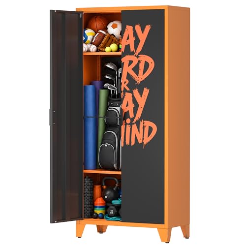 UVGHPW Garage Storage, Sports Equipment Organizer with 2 Adjustable Shelves, 2 Elastic Cords, 4 Pegboards & 5 Hooks, Ball Storage Rack for Garage, Home, Gym, School, Office, Black&Orange