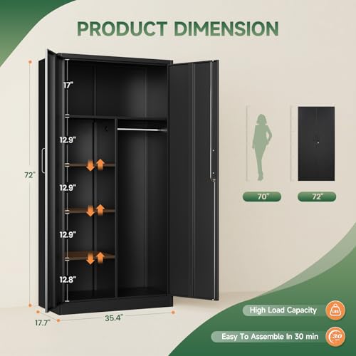 Letaya Metal Storage Cabinets Locker with Lock Door, 72'' Clothing Coat Steel Storage Freestanding Wardrobe for Office, Home, School, Employee,Gym,Fire Department (Black)