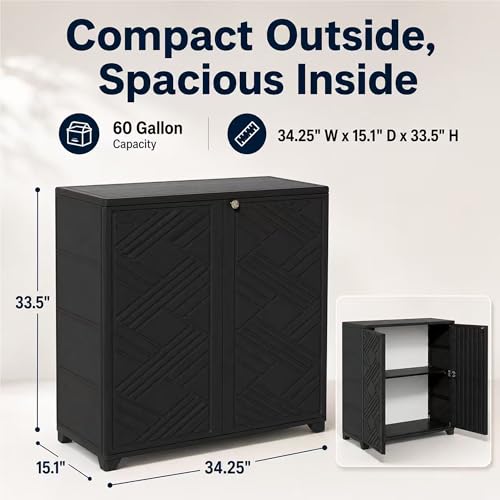 ADDOK Outdoor Storage Cabinet, 60 Gallon Waterproof Resin Patio Storage Cabinet with 1 Adjustable Metal Shelf and Double Doors, Weather-Resistant Organizer for Garden Tools, Pool Supplies and Toys