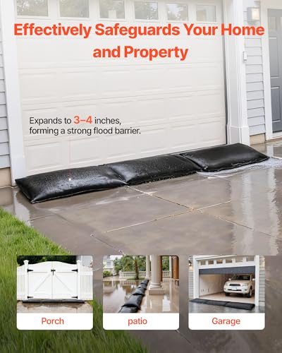 VEVOR Flood Barrier, 10 Pack, 1.4 x 2.7 ft Flood Bags with Bucket, Water Absorbent Barrier Activated by Water, Sandless Sandbags Blockage, Flooding Prevention Bags for Door, Basement, Garage