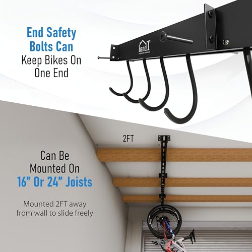 USA Based Ceiling Bike Rack Garage Storage Mount, Bicycle Hanger For Up To 6 Bikes, Sliding 51" Heavy Duty Hook Racks With Padded Hanging Mounts, Hooks Hangers (Black, 3 Rails - 6 Hooks)
