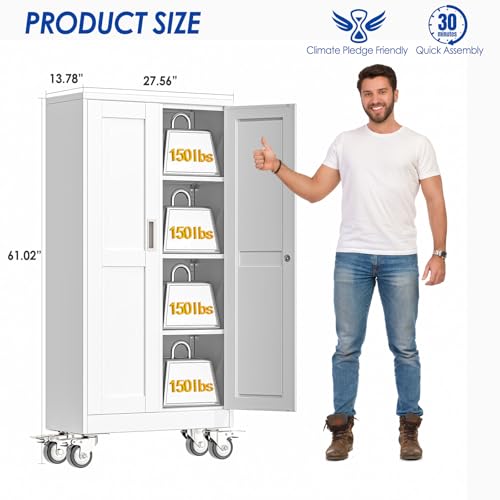 GAIOUS Metal Garage Storage Cabinet with Lock, 61” Tall Lockable File Cabinet with Wheels, Steel Tool Cabinet with 2 Door and 3 Adjustable Shelves, Rolling Cabinet for Home Office Garage Gym - White