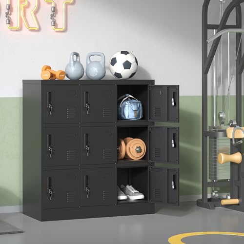 IKIMI Metal Lockers for Employees,Office Storage Locker with 9 Doors Black,Employee Locker with Lock and Card Slot,Steel Staff Locker Storage Cabinet for Gym Home School Garage,Assembly Required