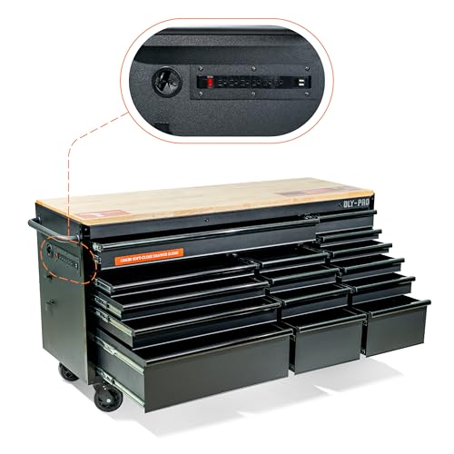 Olympia Tools 72 inch Heavy Duty Mobile Tool Chest Tool Box, with Solid Wood Top Workbench, 15-Drawer Rolling Tool Chest, Tool Storage Organizer for Garage, Workshop, and Home, Black