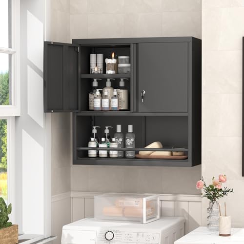 GREATMEET Locking Wall Mounted Garage Cabinet, Black Metal Steel Hanging Storage Cabinets, Lockable Tool Cabinet for Garage Shop, Floating Wall Mount Cabinet