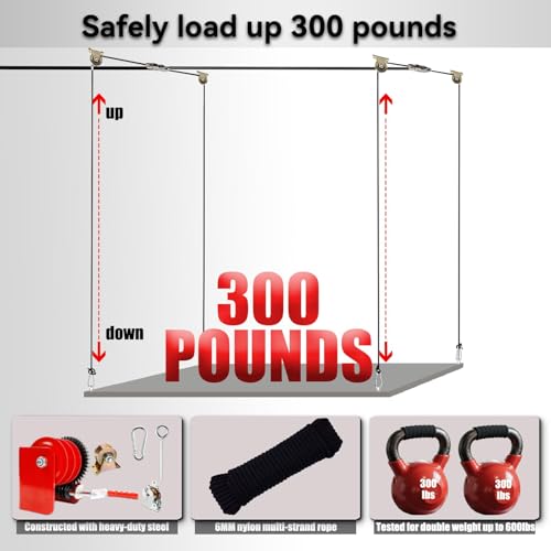 Adjustable Overhead Garage Storage Lift – Heavy-Duty Ceiling Hoist System with Hand Crank, 300 lbs Capacity, Space-Saving Garage Organizer, Easy Installation