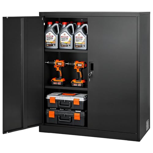 VEVOR Metal Storage Cabinet, 41.7 in Steel Garage Cabinet with 2 Adjustable Shelves, 2 Magnetic Doors & 2 Keys, 3 Tiers Lockable Tool Storage for Pantry, Warehouse, Basement, Office, Black
