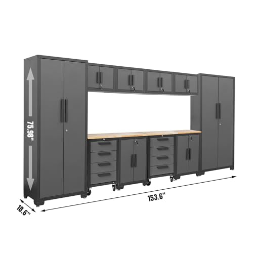 Torin Garage Storage System Heavy Duty 12Pcs Metal Organization Workbench，Wall, 4-Drawers Rolling Cabinet, Black/Grey