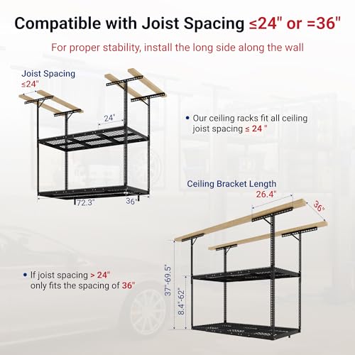 FLEXIMOUNTS 3x6 2-Tier Overhead Garage Storage Rack – Adjustable Heavy Duty Metal Garage Ceiling Storage Racks, 880 lbs Capacity – Garages Organization System for 9–15 ft Tall Garages, Black