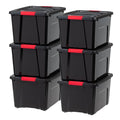 IRIS USA 40 Qt Stackable Plastic Storage Bins with Lids, 6 Pack - BPA-Free, Made in USA - Garage Organizing Solution, Latches, Durable Nestable Containers, Secure Pull Handle - Black