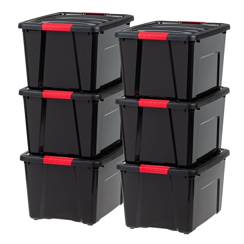 IRIS USA 40 Qt Stackable Plastic Storage Bins with Lids, 6 Pack - BPA-Free, Made in USA - Garage Organizing Solution, Latches, Durable Nestable Containers, Secure Pull Handle - Black
