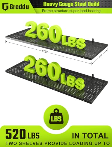 Greddu 2-Pack 1.5x4ft Heavy Duty Garage Shelving Wall Mounted, 520 Pounds Total Load Capacity, Garage Shelves withHooks,Black