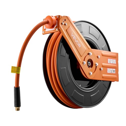VEVOR Retractable Air Hose Reel, 1/2 Inch x 65 FT Rubber Air Hose Max 300PSI, Auto Rewind Air-Compressor Hoses Reel with 5 ft Lead in, Ceiling/Wall Mount for Garage Workshops