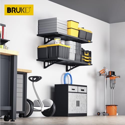 Brukid 2Pack 1.64x4ft Adjustable Metal Garage Wall Shelving Heavy Duty Garage Storage Shelf Wall Mounted Black