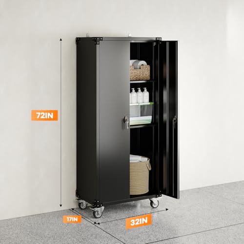 DUMOS 72" Metal Garage Storage Cabinet with Wheels, Tall Rolling Steel Tool Cabinet with Adjustable Shelves and Locking Doors, Lockable File Cabinet for Garage, Home, Office, Warehouse, Black