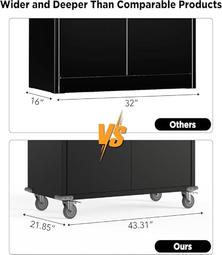 OREALLANDROL 72"x44"x22" Metal Garage Storage Cabinet with Wheels & Pegboards, Black Steel Locking Cabinet with 4 Adjustable Shelves, Rolling Tool for Garage, Basement, Home, Office