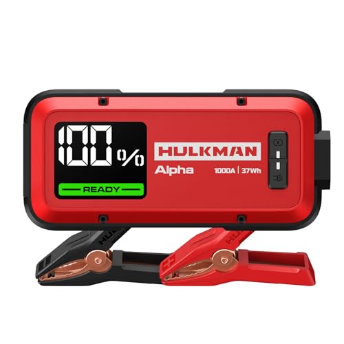 Hulkman Alpha,Ultra Red,1000A 37Wh Jump Starter,10000mAh Power Bank, Portable,12V Jump Box with Jumper Cables,45-Min Full Recharge,24-Month Standby,Easy Start,IP65,LED Display,for 6.5L Gas/3.0L Diesel