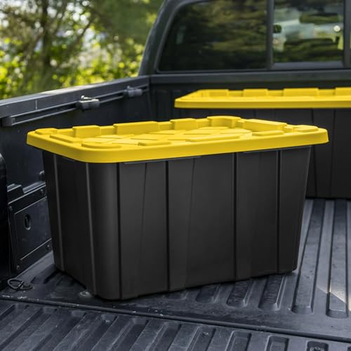 AIXISTL 6-Pack 27-Gallon Industrial Totes - Rugged Black & Yellow Plastic Storage Bins with Secure Snap-On Lids, Stackable Design for Garage, Warehouse or Workshop Organization