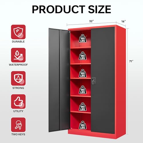 Letaya Metal Storage Cabinets with Lock, 71" Tall Locker Organizer Steel Cabinets, Adjustable Shelves 2 Doors for Home, Office, Warehouse,Garage,Industrial,Employee Lockers (Style B, Black Red)